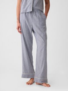 Soft linen-blend pajama pants.  Elasticized waist with drawcords.  Certain styles have allover prints.  * Fit: Relaxed.  An easy silhouette throughout.  Models wearing Gap Postpartum Pajamas, Closet Inventory, Easy Silhouette, Pj Pants, Pants Blue, Postpartum, New Woman, Toddler Boys, Blue Stripes