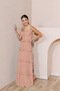 Model: Saije; Size: 4 Revelry Dresses, Neutral Bridesmaid Dresses, Wedding Parties Colors, Champagne Bridesmaid Dresses, Champagne Bridesmaid, Blush Bride, Bridesmaid Dress Colors, Bridesmaid Style, Tiered Dress