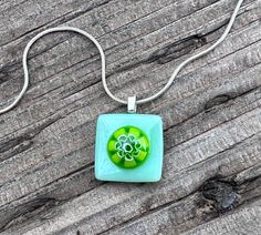 Fused Glass Pendant Necklace - Light Green Glass with Lime Green Italian Millefiori Glass Center - Handmade Jewelry - Handmade Pendant Cord Necklace, Handmade Pendant