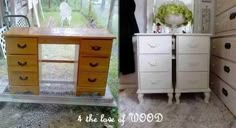 an old dresser is transformed into a vintage vanity with butterflies on the top and bottom