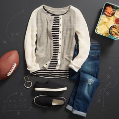 Super Style Sunday! Suit up for sports bars, tailgates or couch crowds in collegiate-inspired pieces like raglan sleeves & varsity stripes. Sports Bars, Pijamas Women, Cute Cardigans, Suit Up, Weekend Wear