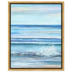 a painting with blue and white waves in the ocean on a wall above a wooden frame