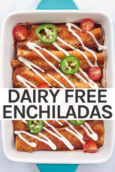 Enchiladas in baking dish covered in red enchilada sauce, sliced jalapeno, and chopped tomatoes Dairy Free Beef Enchiladas, Ground Beef Recipes No Dairy, Dairy Free Enchiladas, Enchiladas Healthy, Ground Beef Enchiladas, Dairy Free Recipes Dinner, Easy Enchiladas, Chicken Enchiladas Easy, Dairy Free Dinner