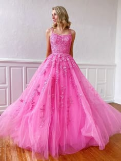 Silhouette:?A Line Waist: Natural Sleeve Length:?Sleeveless Fabric:?Tulle, Lace Shown Color:?Pink Built-In Bra: Yes Pink Tulle Prom Dress, Prom Dresses 2022, 2023 Prom, Prom Dress Ideas, Prom 2024, Prom Inspo, Lace Formal Dress, Dresses 2022, Pink Prom