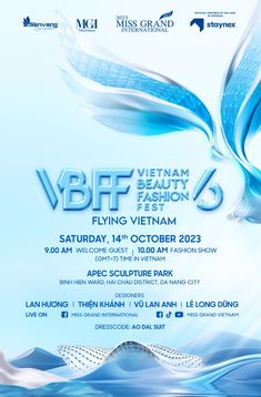 an advertisement for the vbff vietnam beauty fashion festival, featuring blue water and white waves