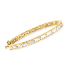 Mother-Of-Pearl Bangle Bracelet in 18kt Gold Over Sterling. 7" | Ross-Simons Elegant Bangle Bracelet In Mother Of Pearl, Classic White Rectangular Bracelets, Elegant Stackable Rectangular Jewelry, Dreamy Bracelet, Jewelry Presentation, Pearl Bangle Bracelet, Classic Bangles, Safety Box, Pearl Birthstone