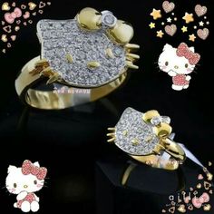 two hello kitty rings are shown with hearts and stars in the background, one has a bow on it's head