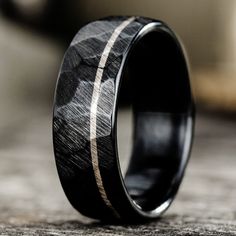 ::Shown in 8mm Wide | 14k White Gold Inlay Male Wedding Bands Black Titanium Rings, Black Men Wedding Band, Silver Mens Wedding Band, Black Onyx Ring Men, Black Metal Rings, Onyx Ring Men, Black Titanium Ring, Faceted Design, Black Wedding Band