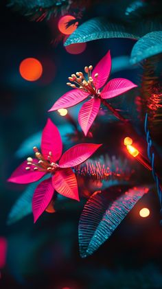 red poinsettias are hanging on the christmas tree with lights in the background