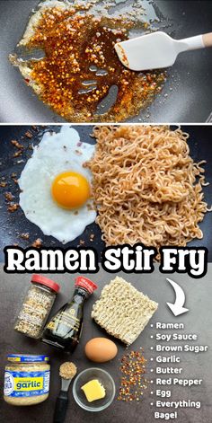 the ingredients to make ramen stir fry are shown in two separate pictures, including an egg and noodles