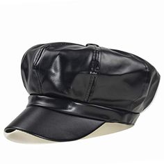 a black leather cap with white stitching on the front and side, against a white background