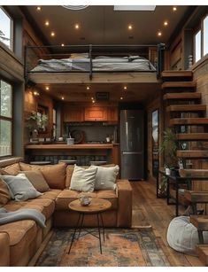 a living room filled with furniture and a loft