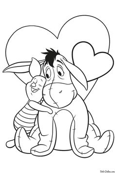 winnie the pooh and piglet hugging in front of a heart shaped balloon coloring page