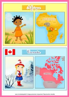 the children's map of canada is shown in pink and yellow, with pictures of different countries