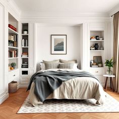 a bedroom with white walls and wood flooring has a bed, bookshelves, and window