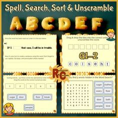 a poster with words and pictures on it that spell, search, sort & unscramble