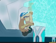 an animated image of a man diving into a pool with his hands in the air