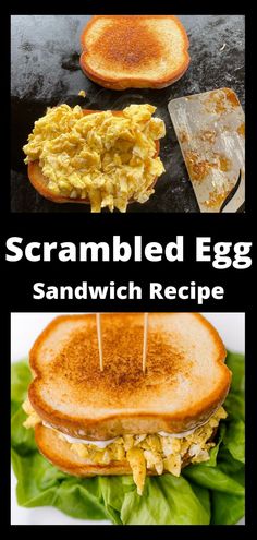 Top Photo:  Assembling a scrambled egg sandwich on toasted white bread on a Blackstone Griddle.  Bottom Photo:  A scrambled egg sandwich sitting on a bed of green leafy lettuce. Scramble Egg Sandwich, Scrambled Egg Sandwich, Scrambled Eggs Healthy, Simple Scrambled Eggs, Soft Scrambled Eggs, Grilled Sandwich Recipe, Egg Sandwich Recipe, Scrambled Eggs With Cheese, Wraps Recipes