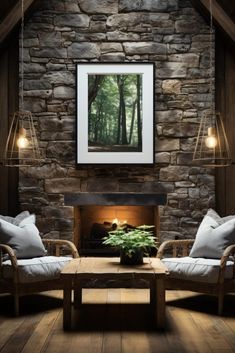 a living room filled with furniture and a fire place in front of a stone wall