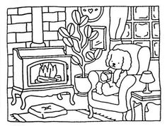 a black and white drawing of a dog sitting in a chair next to a fire place