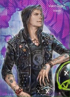 a drawing of a man with tattoos holding a motorcycle helmet and wearing a leather jacket