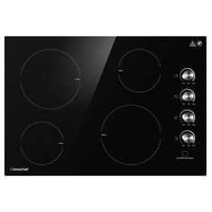 a black stove top with four burners and knobs