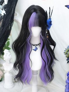 Transform your look with our stunning 65cm long wavy synthetic wig, designed to capture the essence of both mystery and charm. This exquisite wig features a captivating blend of purple and black highlights, adding a bold yet sophisticated touch to your style. The soft, cascading waves create a voluminous and glamorous silhouette, while the trendy air bangs offer a playful and youthful flair.  Garment Size   	 		 			Size 			Free Size 		 		 			Hair Length 			65 Lavender And Black Hair, Braid Hacks, Purple And Black Hair, Black And Purple Hair, Pretty Hair Cuts, Basic Hairstyles, Air Bangs, Top Braid, Hairstyles Wavy