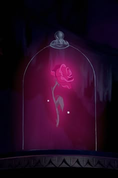 a pink rose in a glass case with the light shining on it's side