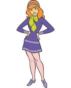 an image of a woman wearing a purple dress and green neck tie with her hands on her hips