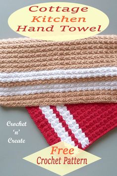 two crocheted kitchen towels with the words cottage kitchen hand towel