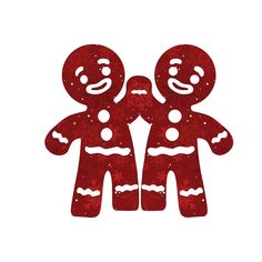 two red gingerbread men with snowflakes on their faces and arms are standing next to each other