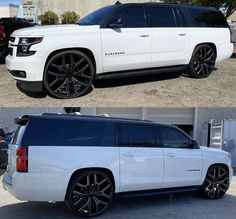 this is an image of a white suv with black wheels and rims on it