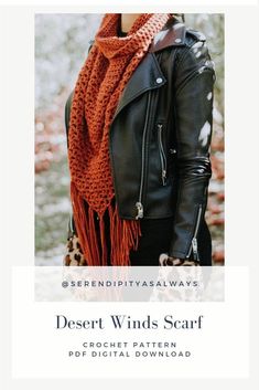 a woman wearing a leather jacket and scarf with the words desert winds scarf on it