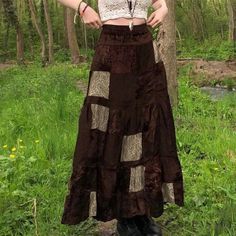 Lasaky - Vintage-inspired Loose Fit Plaid Patchwork Velvet Midi Skirt Long Brown Skirt, Womens Skirt Outfits, Maxi Skirts Summer, High Waist Long Skirt, Retro Skirt, High Waisted Maxi Skirt, Rock Outfit, Moda Chic