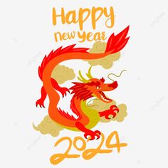 a red dragon is flying in the sky with happy new year written on it's side