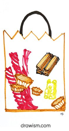 a drawing of a shopping bag with food in it