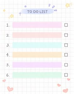 a to do list with pastel colors and hearts on it, next to the words to do list