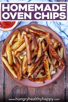 homemade oven fries on a plate with ketchup