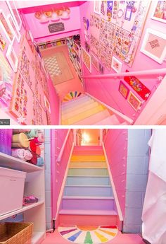 there is a pink staircase with pictures on the wall and in the closet below it