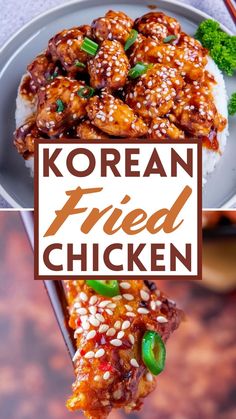 a plate with chicken, rice and broccoli on it that says korean fried chicken