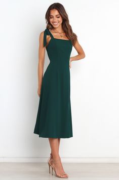 Green Mid Length Dress, Midi Semi Formal Dress, Adjustable Straps Midi Dress For Date Night, Chic Midi Length Dresses With Straps, Fitted Square Neck Midi Dress With Tie Back, Midi Dress With Adjustable Straps For Brunch, Midi Length Suspender Dress For Date Night, Midi Length Dresses With Straps For Brunch, Fitted Midi Dress With Adjustable Straps For Brunch