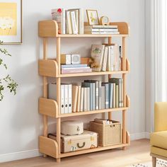 a bookshelf with many books on it in a living room next to a yellow chair