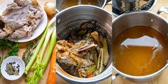 several pots filled with food on top of a wooden table