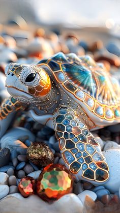 a small turtle is sitting on some rocks