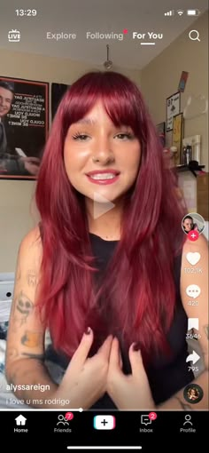 Pinot Noir Red Hair, Fuschia Red Hair, Long Burgundy Hair With Bangs, Dark Vibrant Red Hair, Red Hair Bangs Long, Pomegranate Red Hair, Cherry Red Hair On Pale Skin, Bleached Red Hair, Red To Black Hair