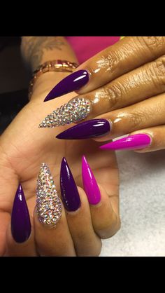 Fuschia Purple Nails, Not Polish Acrylic Nails, Magenta Nails Design Color Combos, Purple Stilleto Nails, Magenta Nails Design, Magenta Nail Art, Purple And Yellow Nails, Purple Stiletto Nails, Magenta Nails