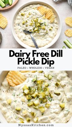 dairy free dill pickle dip in a bowl with crackers on the side