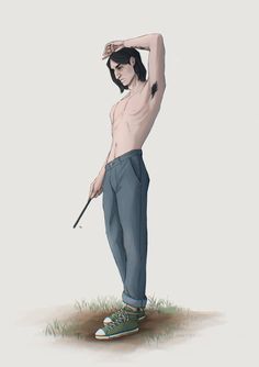 a drawing of a man with no shirt holding a golf club in his right hand