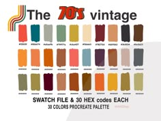 the 70's vintage swatch file and 30 hex colors each color procreate palette