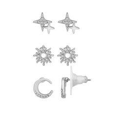 Polish off any outfit with these Emberly silver tone delicate burst stud earrings trio set. Click on this JEWELRY & WATCHES GUIDE to learn about fit, styles, materials and more! Polish off any outfit with these Emberly silver tone delicate burst stud earrings trio set. Click on this JEWELRY & WATCHES GUIDE to learn about fit, styles, materials and more! FEATURES Earring dimensions: 6mm x 10mm, 9mm, 9mm x 10mm Backings: post Nickel free Metal: zinc Material: glass Plating: silver tone Finish: pol Sterling Silver Celestial Earrings For Everyday, Dazzling Round Sterling Silver Cluster Earrings, Celestial White Sterling Silver Earrings, Sterling Silver Celestial Earrings For Gift, Celestial Sterling Silver Earrings, Jewelry Earrings Studs, Jewelry Watches, Silver Tone, Plating